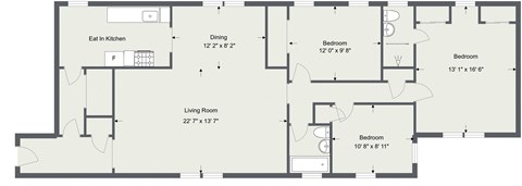 Floor plan for 3 beds, 2 baths, 1373 sqft